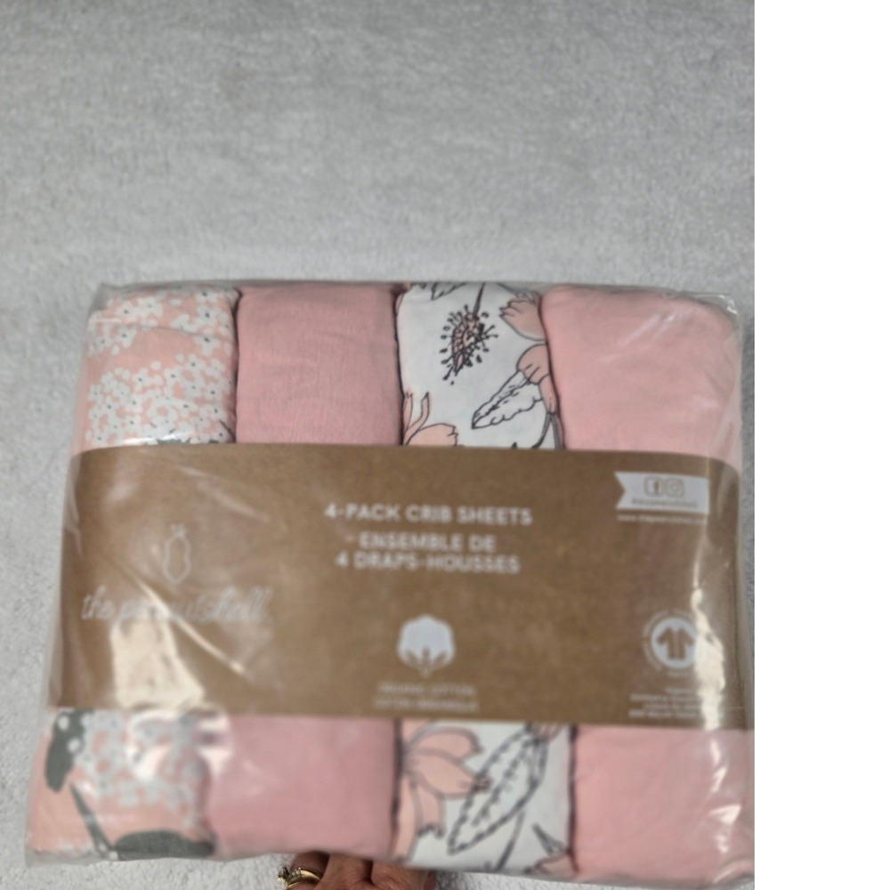 The Peanutshell 4-Pack Organic Cotton Crib Sheets Pink Floral Nursery NEW